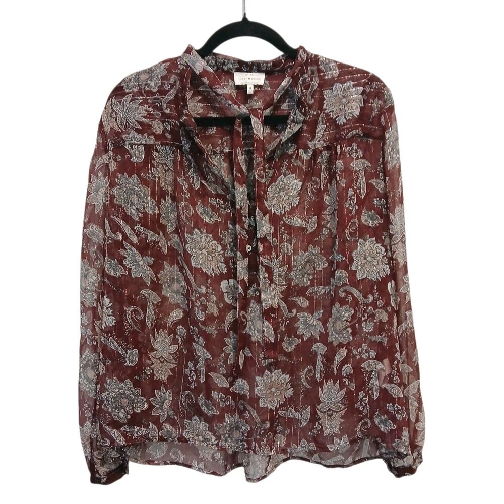 Lucky Brand Metallic Sheer Long Sleeve Boho Top Women's Size Medium Tie Floral